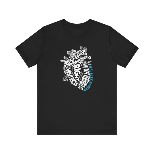 Unisex tee with '#Futurenurse' and labeled heart diagram. Lightweight cotton, ribbed collar, crew neckline. Free USA shipping.