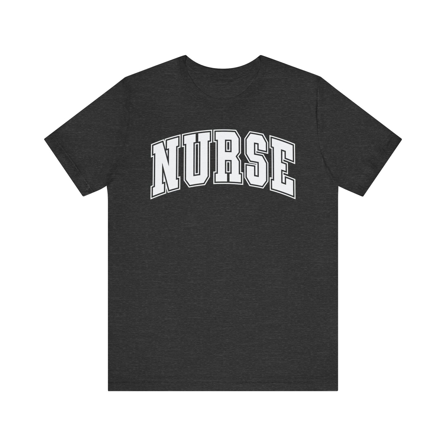 
"Unisex tee with 'Nurse' in college-style letters. Lightweight cotton, ribbed collar, crew neckline. Free USA shipping."