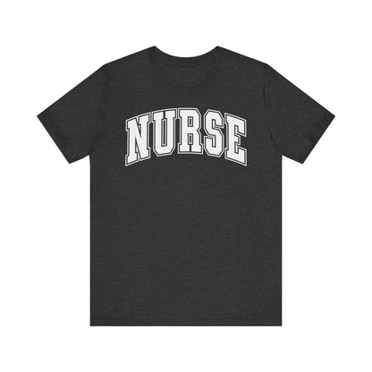 
"Unisex tee with 'Nurse' in college-style letters. Lightweight cotton, ribbed collar, crew neckline. Free USA shipping."