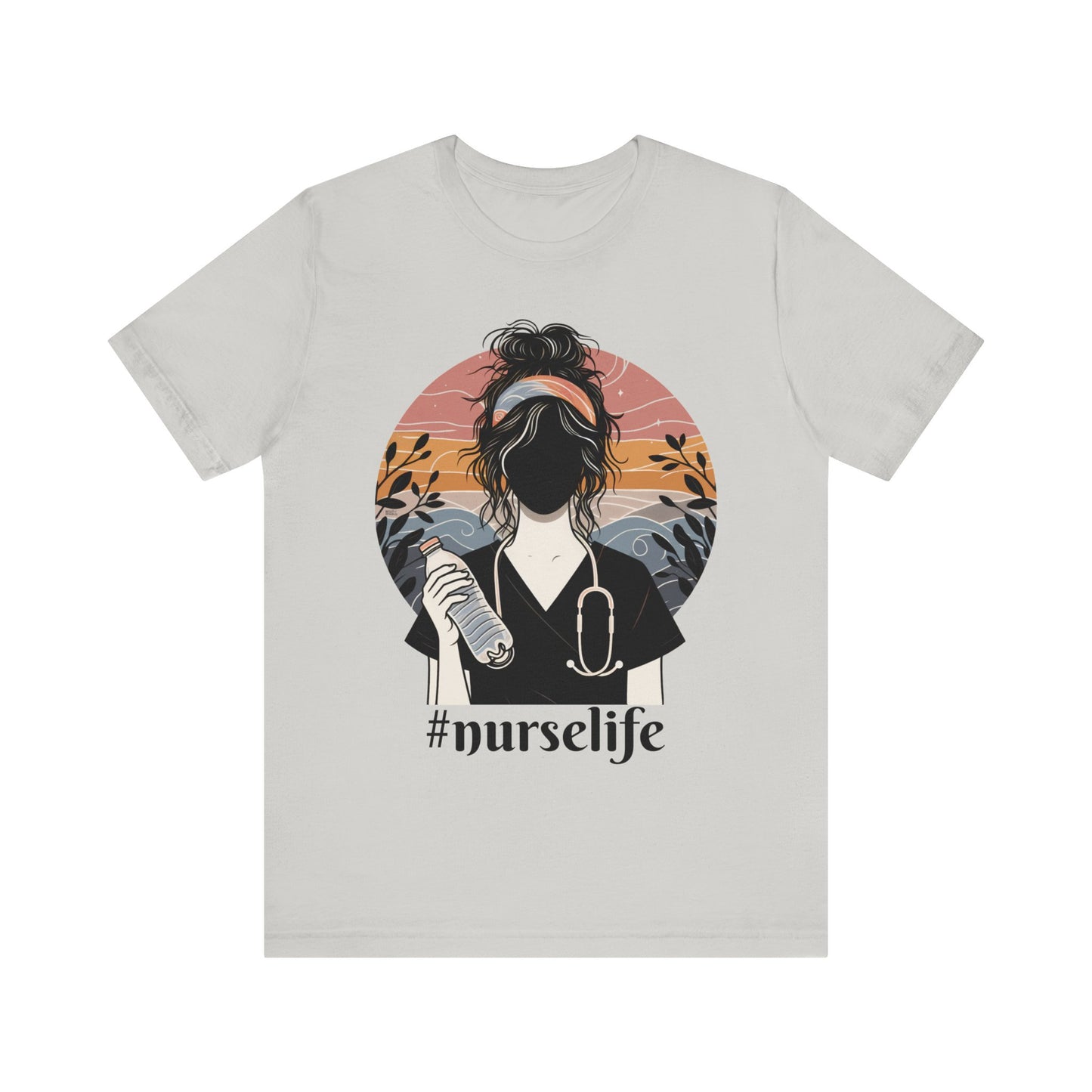 Unisex tee with '#nurselife' and labeled artwork of silhouetted nurse holding a water bottle. Lightweight cotton, ribbed collar, crew neckline. Free USA shipping."